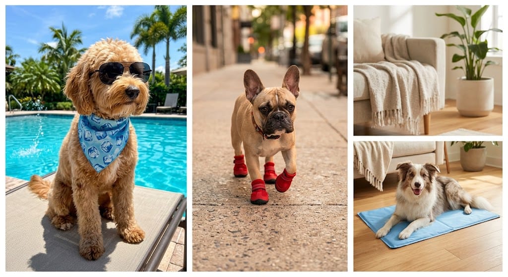 Canicule : Comment Protéger et Rafraîchir Votre Chien avec Style cet Été ? - 2026 - Doglovedesign : Vêtement et accessoires pour chiens Petit chien portant des chaussures de protection d'été pour marcher sur le bitume chaud