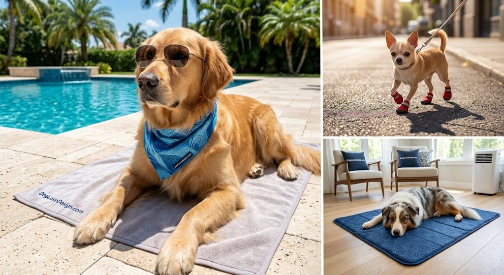 Canicule : Comment Protéger et Rafraîchir Votre Chien avec Style cet Été ? - 2026 - Doglovedesign : Vêtement et accessoires pour chiens Chien stylé avec lunettes de soleil et bandana rafraîchissant au bord d'une piscine pendant la canicule.