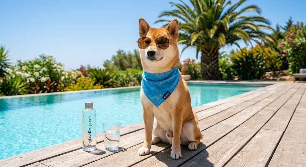 Canicule : Comment Protéger et Rafraîchir Votre Chien avec Style cet Été ? - 2026 - Doglovedesign : Vêtement et accessoires pour chiens Chien stylé avec lunettes de soleil et bandana rafraîchissant au bord d'une piscine pendant la canicule.